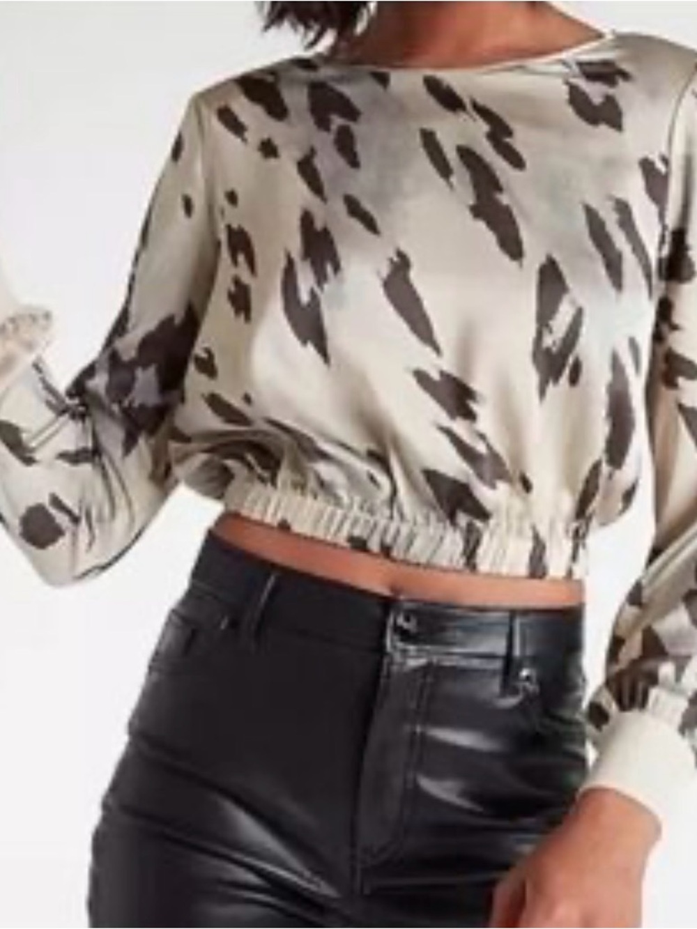 EXPRESS Abstract Animal Print Satin Cropped Blouse | Long Sleeve Elastic Hem Top